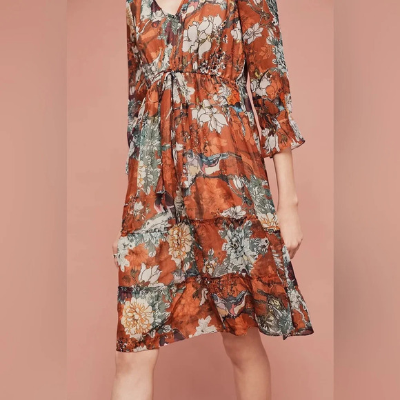 Hemant & Nandita Zeri Dress Size 4 Floral Boho Peasant Rust Orange Anthropologie - Picture 8 of 8